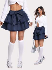 SHEIN EZwear Falda acampanada de mezclilla con lazo frontal y doble capa para mujer