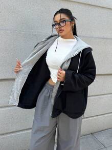 Flirla Hooded Casual Collegiate Style Minimalist Windbreaker Jacket - Black and White - View 4