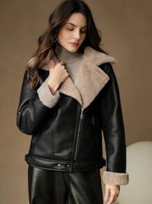 Anewsta Veste femme en PU noir et col  de lapin