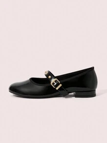 CUCCOO DOLLMOD Women Flat Thick Heel Round Toe Black Mirror Leather Mary Jane Shoes, Cute Retro Minimalist Elegant Fashion Valentine's Day - Black - View 6