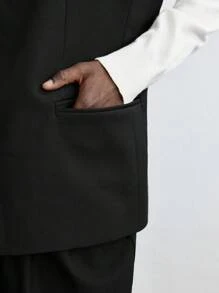 Ontre 男士春季黑色羊毛宽松宽肩带双排扣休闲西装背心，适合聚会和新年