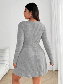 Flirla 大码女式系带长袖宽松高弹简约优雅约会聚会派对连衣裙 - 灰色 - 查看 2