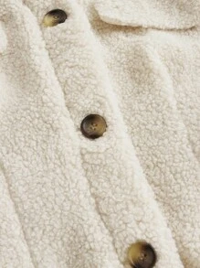 SHEIN MOD 高领前系带长袖腰部收紧泰迪夹克（米色）、泰迪外套、羊毛夹克、冬季女外套、冬装 - 杏色 - 查看 3