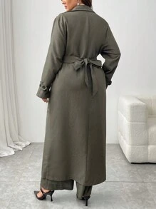 Mulvari Plus Size Solid Color Long Sleeve Basic Coat And Pants 2 Pieces Casual Set - Army Green - View 4
