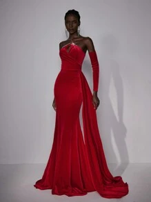 Elitara Gaun Elegan Lengan Panjang Tanpa Bahu, Gaun Malam Ekor Ikan Asimetris Rantai Rhinestone Mewah untuk Prom, Tamu Pernikahan & Jamuan Formal - Merah - View 4