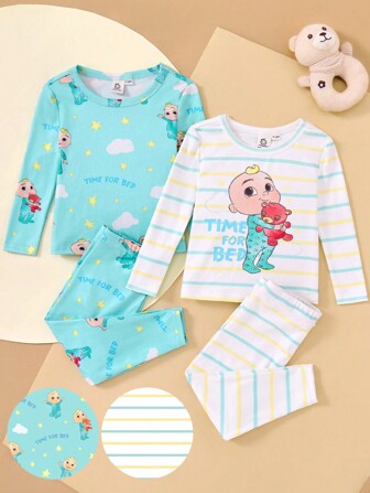 CoComelon X SHEIN Conjunto de pijama de algodón de punto con rayas y diseño lindo de dibujos animados para bebé niño, conjunto de ropa de descanso de varias piezas