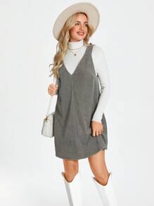 SHEIN LUNE Women Casual Street Chic Airport Style Green Corduroy Suspender Dress, Winter - Green - View 3