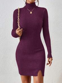 SHEIN Frenchy 高领开衩下摆毛衣紧身连衣裙，新年秋冬女装 - 中紫紅色 - 查看 4