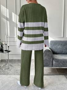 EURMUSE 2 pièces Ensemble tricoté femme, Top à manches longues à imprimé côtelé et pantalon unicolore - Multicolore - Voir 2