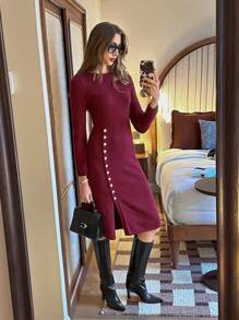 Pariaura 女士法式优雅纯色开衩针织毛衣裙，秋冬季新年服装 - 紅色 - 查看 1