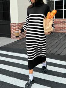 INAWLY 女士高领长袖简约条纹休闲长款毛衣连衣裙 - 彩色 - 查看 6