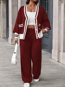 Calvaya Plus Size Women's Stripe Single-Breasted Cardigan And Sweater With Trousers Casual Outfit, Autumn/Winter - Burgundy - View 5