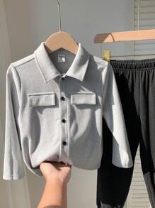 2件套 青少年男童休闲学院风 舒适时尚 简约实用 百搭 柔软舒适 腰带包饰 抓绒舒适 加厚保暖 翻领衬衫和裤子 高性价比 套装 儿童服装 青少年男童衣服 男童套装 男童服装 家庭搭配服装 生日派对 适合日常生活 适合上学 适合旅行 适合运动 适合秋冬季 - 灰色 - 查看 5