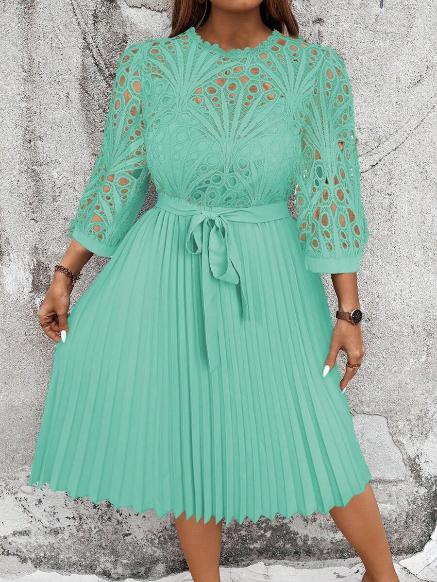 Celure Đầm thường ngày dài tay khoét rỗng màu trơn cỡ lớn - Màu xanh Bạc hà - Xem 1