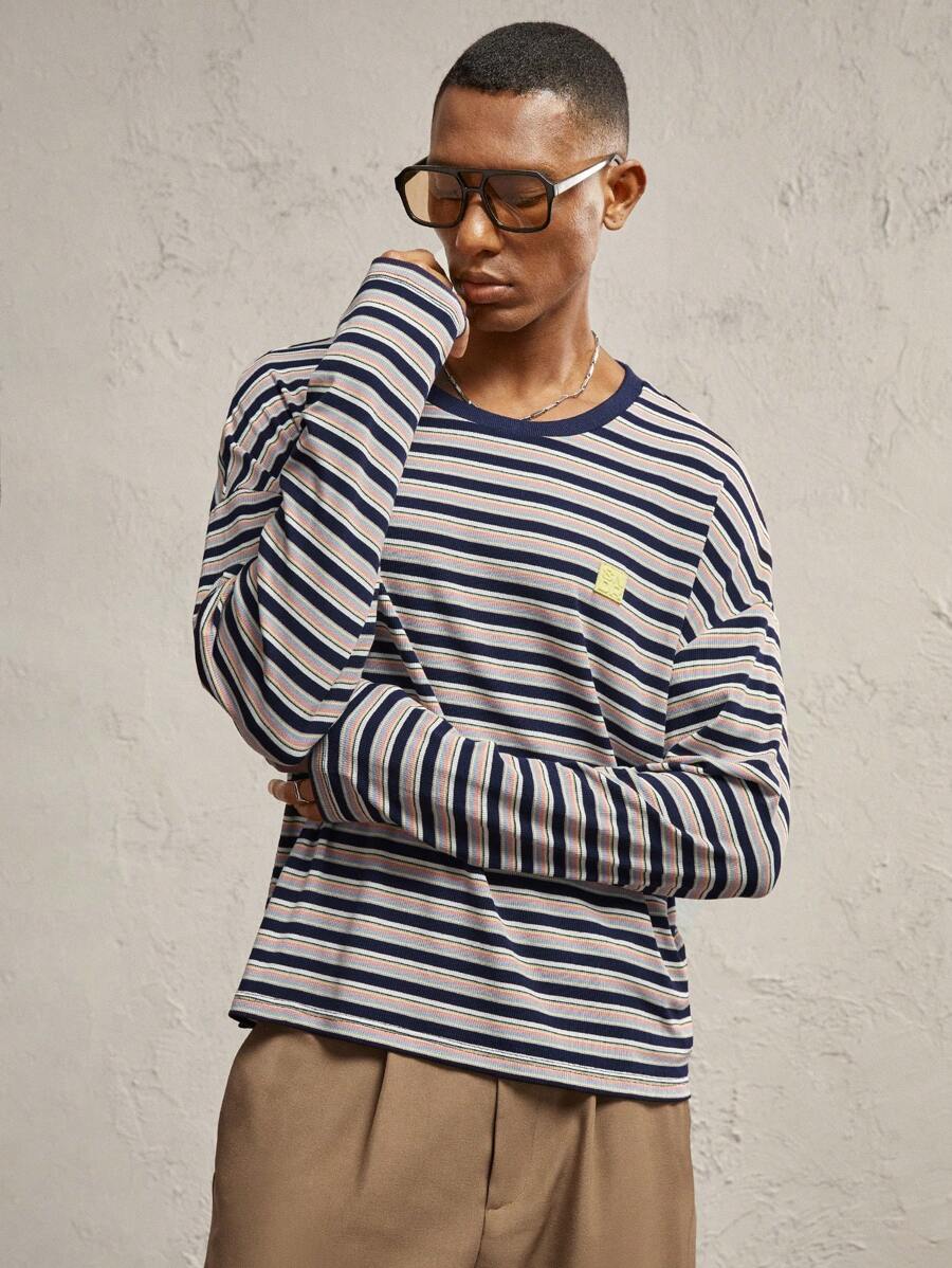 AKNOTIC Party Men's Loose Crew Neck Striped Long Sleeve Knit Sweater, Suitable For Everyday Wear - Multicolor - View 1