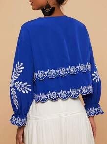 Travachic Vacation Blue Embroidered Long Sleeve Shirt,Tie Up Long Sleeve Shirt - Blue - View 2