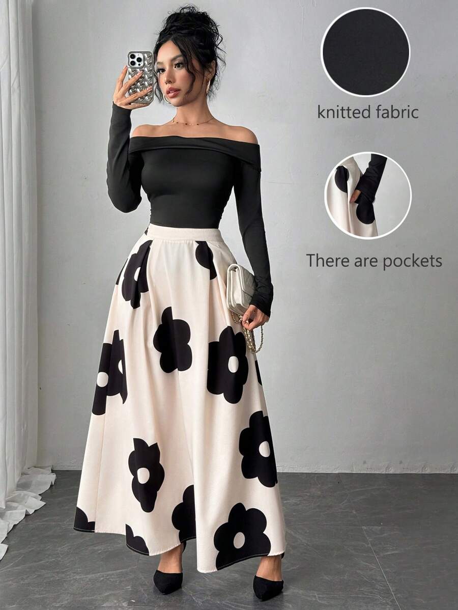 SHEIN Unity 纯黑色露肩和卡其色花卉印花 A 字裙女士优雅秋冬套装连衣裙 - 黑色 - 查看 1