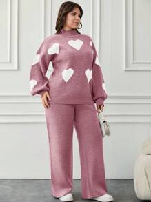 EURMUSE 2pcs/Set Casual Heart Pattern High Neck Sweater - Rusty Rose - View 4