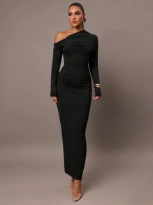 Silquee 女士简约日常约会、优雅派对、长袖、修身、性感纯色弹力针织连衣裙，斜肩领设计，浪漫约会、秋冬打底针织连衣裙、夜间外出连衣裙、万圣节和圣诞节长裙 - 黑色 - 查看 8