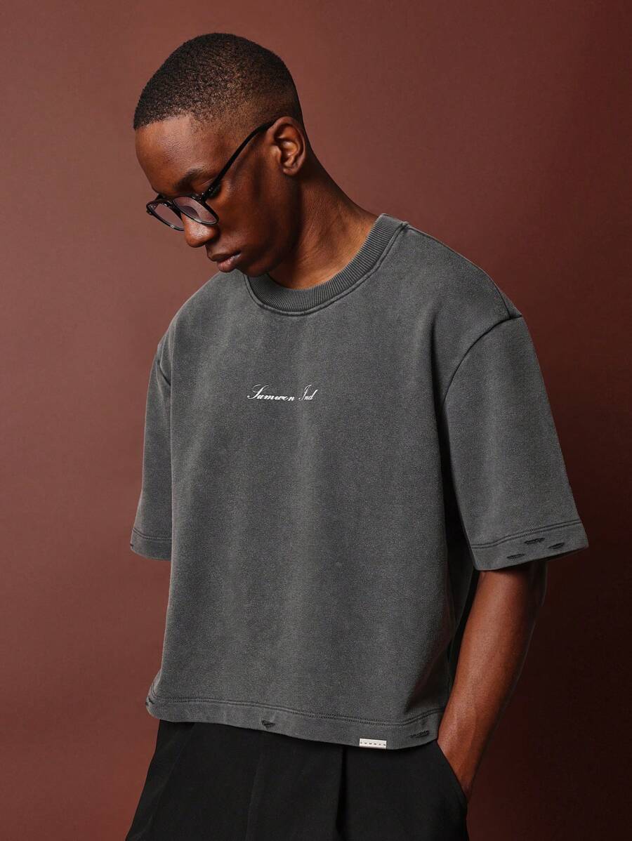 SUMWON Crop Fit Washed Tee With Small Graphic Print