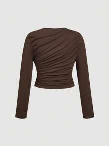SHEIN MOD 大码棕色褶皱休闲长袖 T 恤上衣 - 灰色 - 查看 2