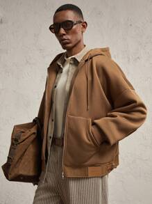 AKNOTIC Business Casual 男士针织字母贴花宽松落肩拉链运动衫，适合秋冬季节，街头装度假长袖全拉链连帽衫，适合朋友、丈夫、男朋友的礼物 - 棕色 - 查看 6