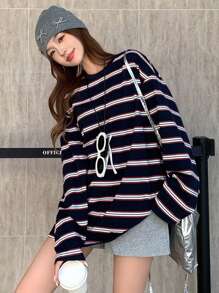 DAZY Striped Loose Drop Shoulder Long Sleeve Round Neck Women T-Shirt,Fall Clothes