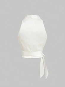 SHEIN MOD Áo ba lỗ thắt nút chéo lưng không tay màu trắng cổ điển dành cho nữ - trắng - Xem 2