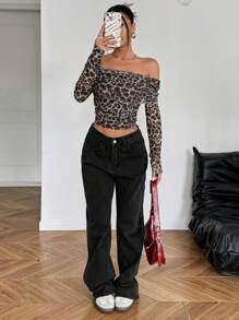 SHEIN EZwear Women's Leopard Print Mesh Off-The-Shoulder Pleated Long-Sleeved T-Shirt - Brown - View 3