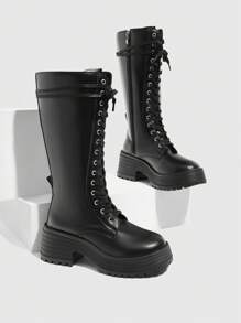 CUCCOO GRLICON 复古欧美时尚厚底及膝系带战斗靴女款圣诞新年假期氛围秋冬款 - 黑色 - 查看 5