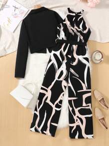 SHEIN Teen Girl Geometric Print Asymmetric Collar Long Sleeve Jacket And Wide Leg Jumpsuit Two-Piece Outfit, Elegant For Outing And Commuting