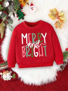 女婴圣诞图案字母印花羊毛圆领休闲运动衫 - 紅色 - 查看 1