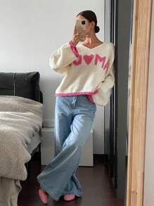 SHEIN Frenchy Women's Colorblock Letter Graphic Casual Blouse, Simplistic Design For Everyday Wear Winter Thanks Giving - Apricot - View 3
