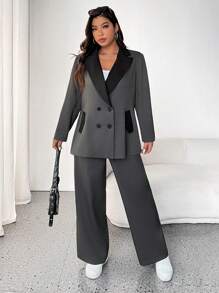 Vionelle 大码女式撞色翻领长袖夹克和裤子优雅套装，秋季 - 彩色 - 查看 4