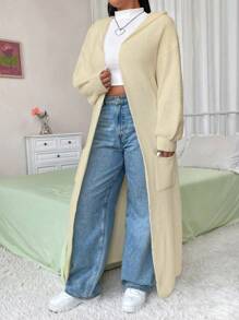 Flirla 大码纯色长袖口袋休闲针织开衫，适合冬季