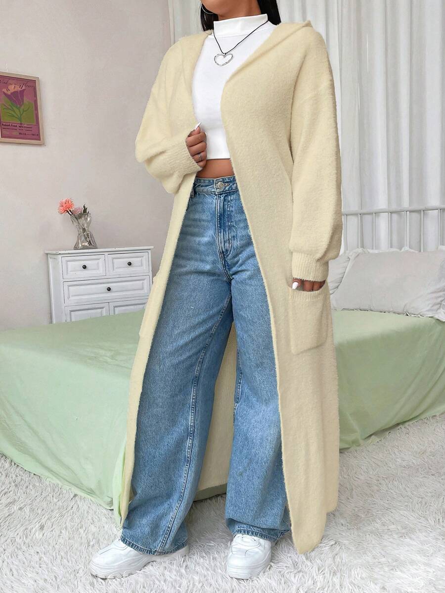 Flirla 大码纯色长袖口袋休闲针织开衫，适合冬季