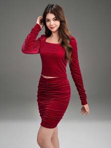 SHEIN Teen Girl Retro Square Collar Puff Sleeve Velvet 2 Pieces Set, Christmas Party - Burgundy - View 3