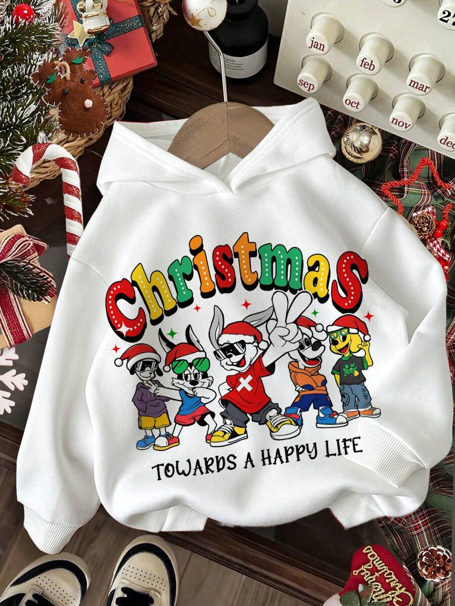 SHEIN 年轻男孩休闲卡通动物印花舒适厚针织长袖运动衫，适合秋冬季，圣诞节 - 白色 - 查看 1