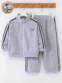 SHEIN 2 件套，年轻男孩休闲韩版学院风舒适实用柔软透气拉链连帽衫和裤子套装，适合日常穿着、上学、郊游、运动、秋冬季 - 灰色 - 查看 4