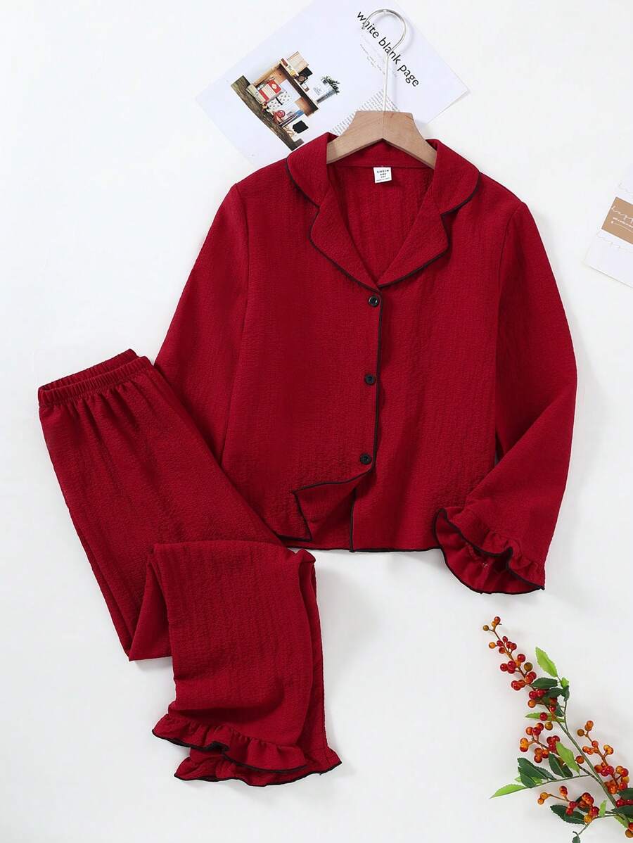 Tween Girls Pink & Black Trim Casual Open Front Ruffle Collar 2pcs Loungewear Set - Burgundy - View 1