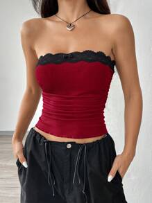 SHEIN EZwear Summer Going Out Contrast Pink Lace Trim Ruched Side Bow Front Tube Top