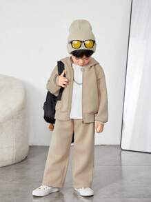 SHEIN Little Byeori 2 Pieces Young Boys Outfits,Winter,Career Day,Back-To-School Thick Cardigan Sweater Coat And Pants Suit,Soft Leisure College Fashion School Boy Set - Khaki - View 2