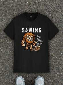 Manfinity Homme Áo thun tay ngắn in họa tiết Caveman vui nhộn thời trang giản dị màu đen vừa vặn với vai dành cho nam - màu đen - Xem 1