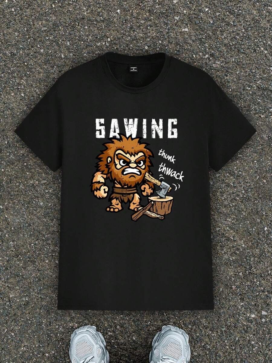 Manfinity Homme Áo thun tay ngắn in họa tiết Caveman vui nhộn thời trang giản dị màu đen vừa vặn với vai dành cho nam - màu đen - Xem 1