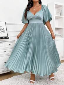 Cravure Váy midi xếp ly đơn giản và thanh lịch cỡ lớn có cổ chữ V sâu và tay áo nhún cho nữ - Màu xanh Bạc hà - Xem 4