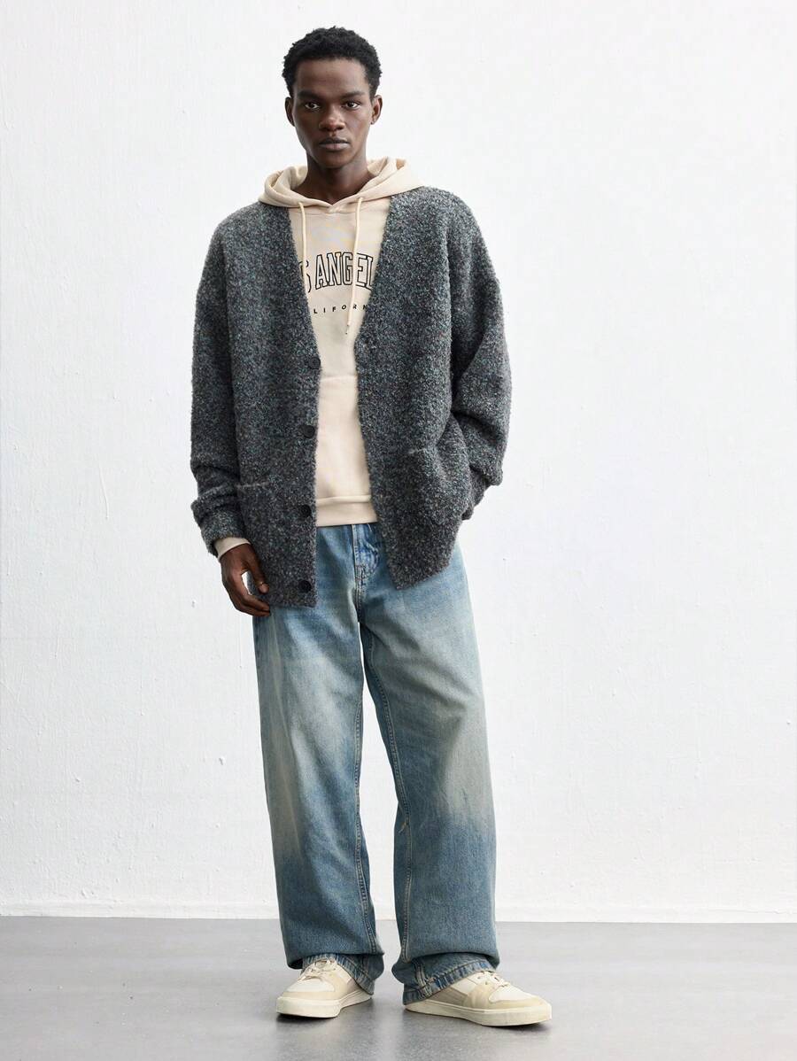 Maija Men's 2025 New Winter Grey Thermal Lined Extra Loose Casual Blended Knit Cardigan Jacket With Dual Pockets, Suitable For New Year Party, Valentine's Date - Grey - View 1