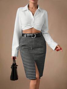 RueChic Women Check Pattern High Waist Skirt - Brown - View 6