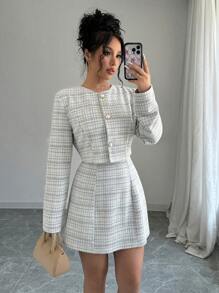 Selianne 2 件套女士春秋季优雅格子短夹克和无袖连衣裙套装