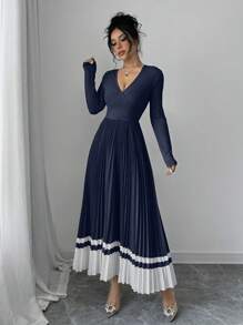 Elenzga V-Neck Pleated Color Block A-Line Everyday Elegant Vintage Dress Maxi Women Outfit