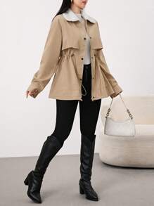 Mulvari 女式休闲双色毛领抽绳腰部羊毛风衣，秋冬 - 咖啡棕 - 查看 2